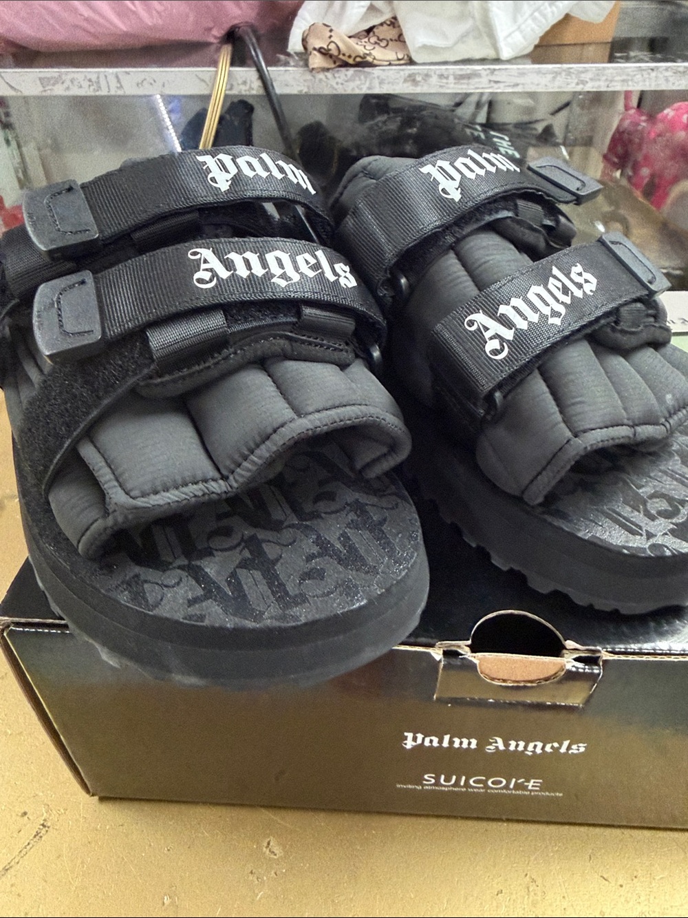 Palm Angels Kids Black Quilted Strap Slide Sandals